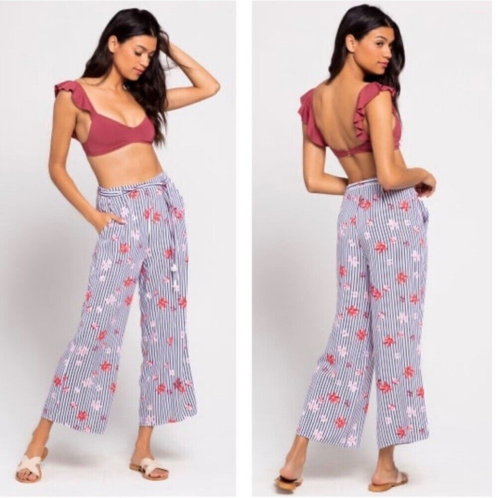 L*Space Pants Large Ankle Cover Up Swim Floral Striped Wide Leg Palazzo Beach